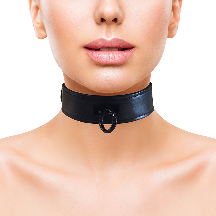 Adjustable black leather collar with a detachable O-ring.