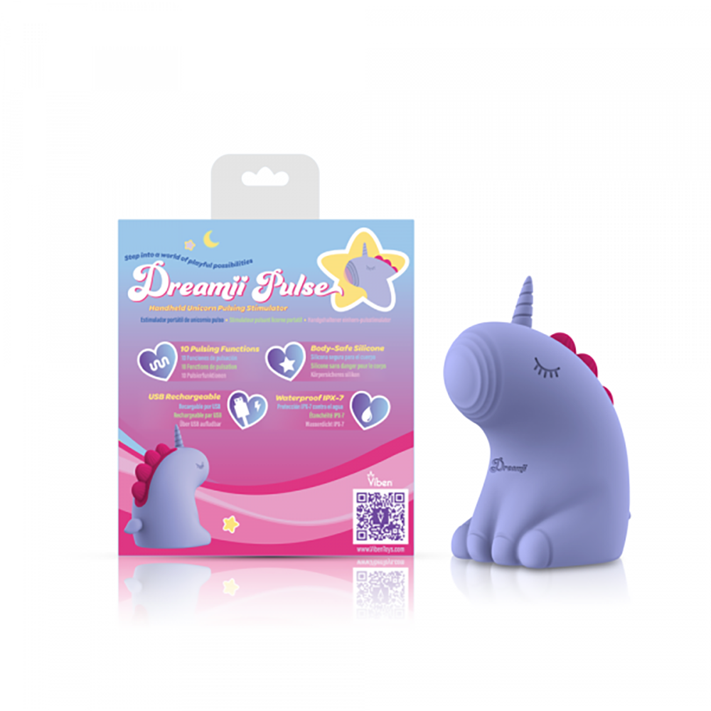 A purple unicorn vibrator with a pink mane and tail, shown next to its packaging.