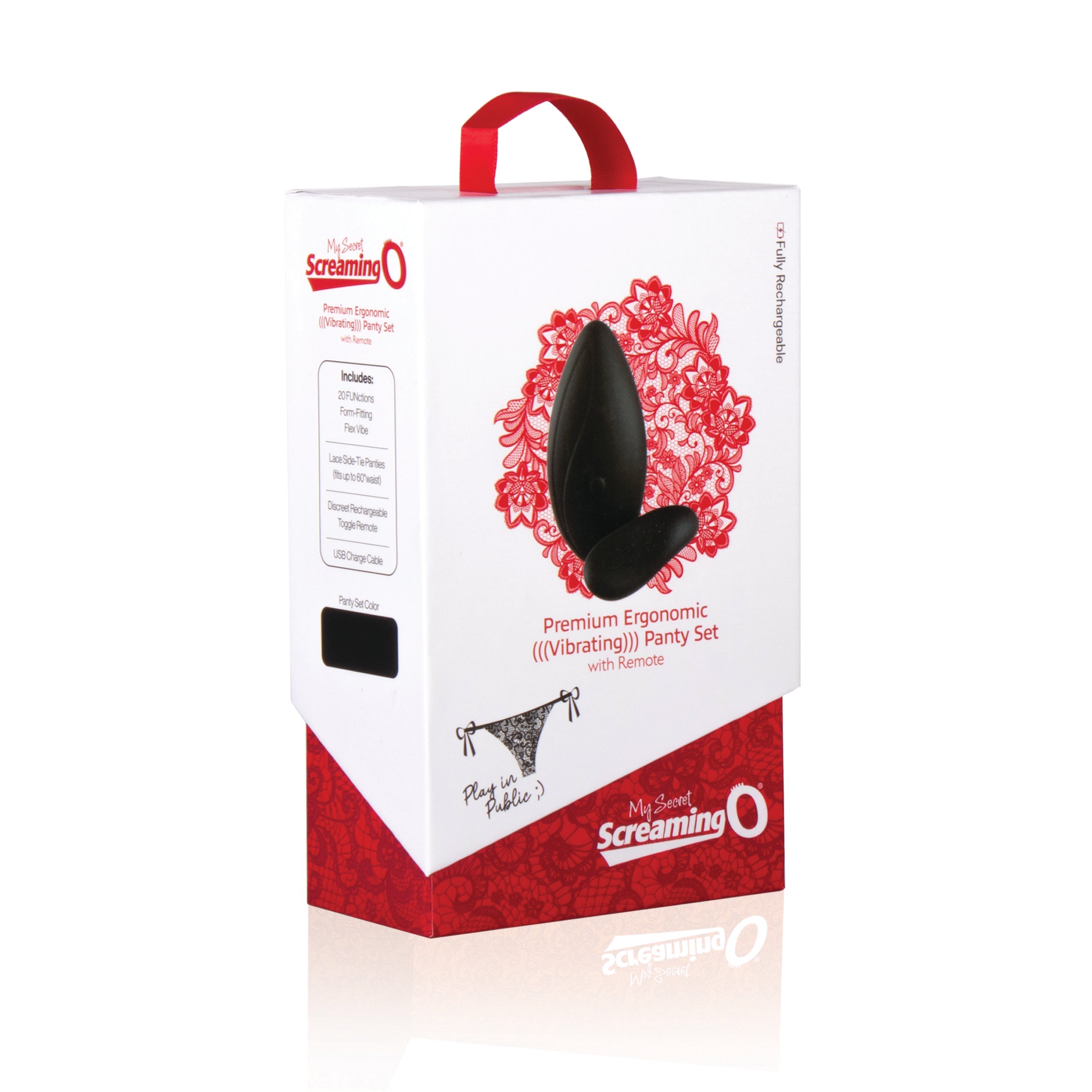 Screaming O remote control vibrating panty set with lace panties and USB charging cable.