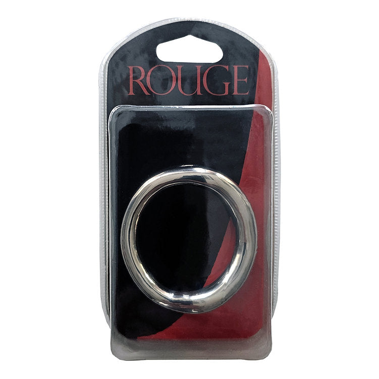 Ergonomic stainless steel cock ring in packaging with "ROUGE" logo.