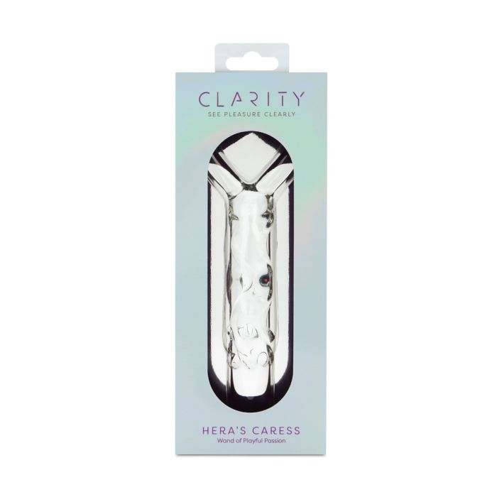 Clear glass G-spot dildo with a circular handle in packaging.