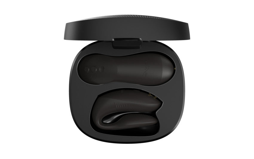 Chorus Pro Couples Vibrator with Haptic Remote in a black charging case.