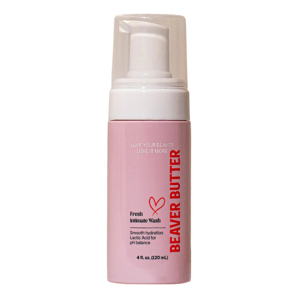 A pink bottle of Beaver Butter Fresh Intimate Wash with a pump dispenser.