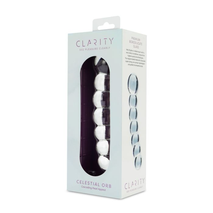 A clear glass dildo with seven spherical beads, displayed in its packaging.