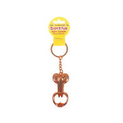 Penis-shaped bottle opener keychain with a yellow "Super Fun" tag.
