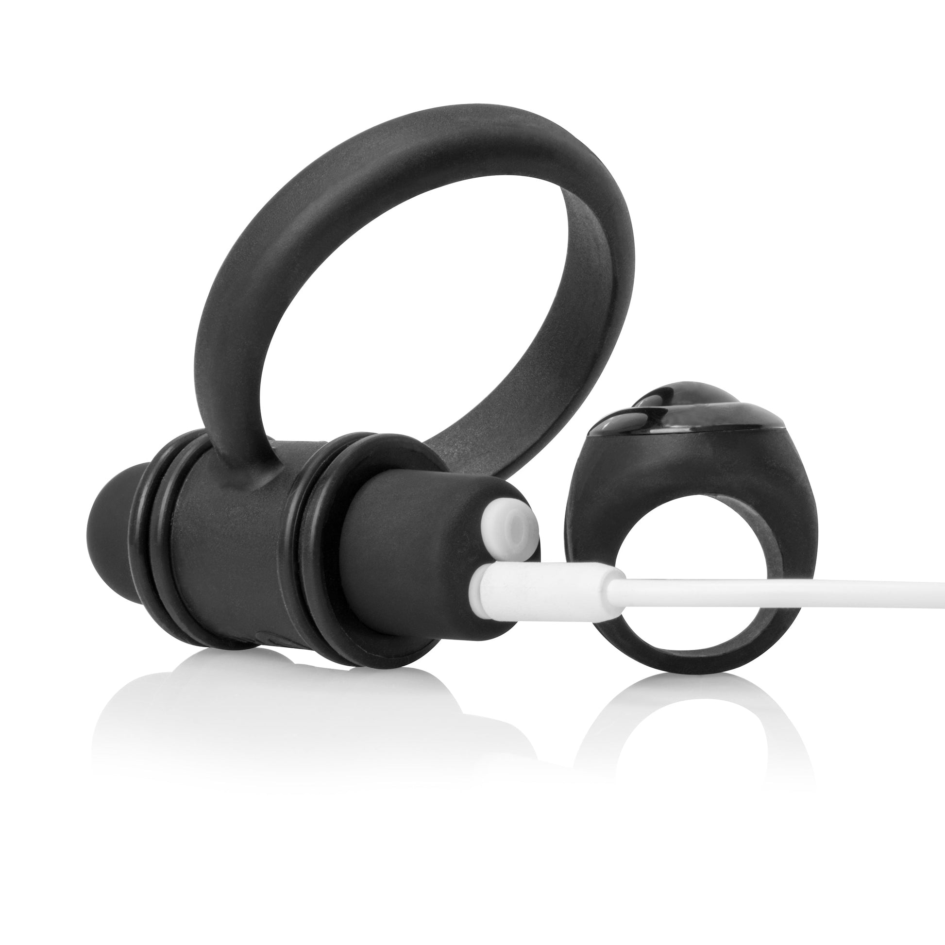 Black rechargeable remote bullet and ring with white charging cable.