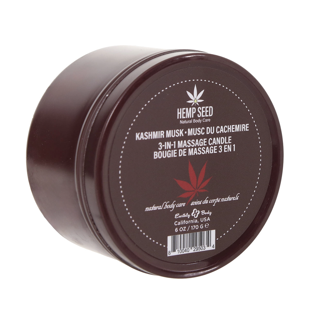 Hemp Seed Kashmir Musk 3-in-1 massage candle in a tin.