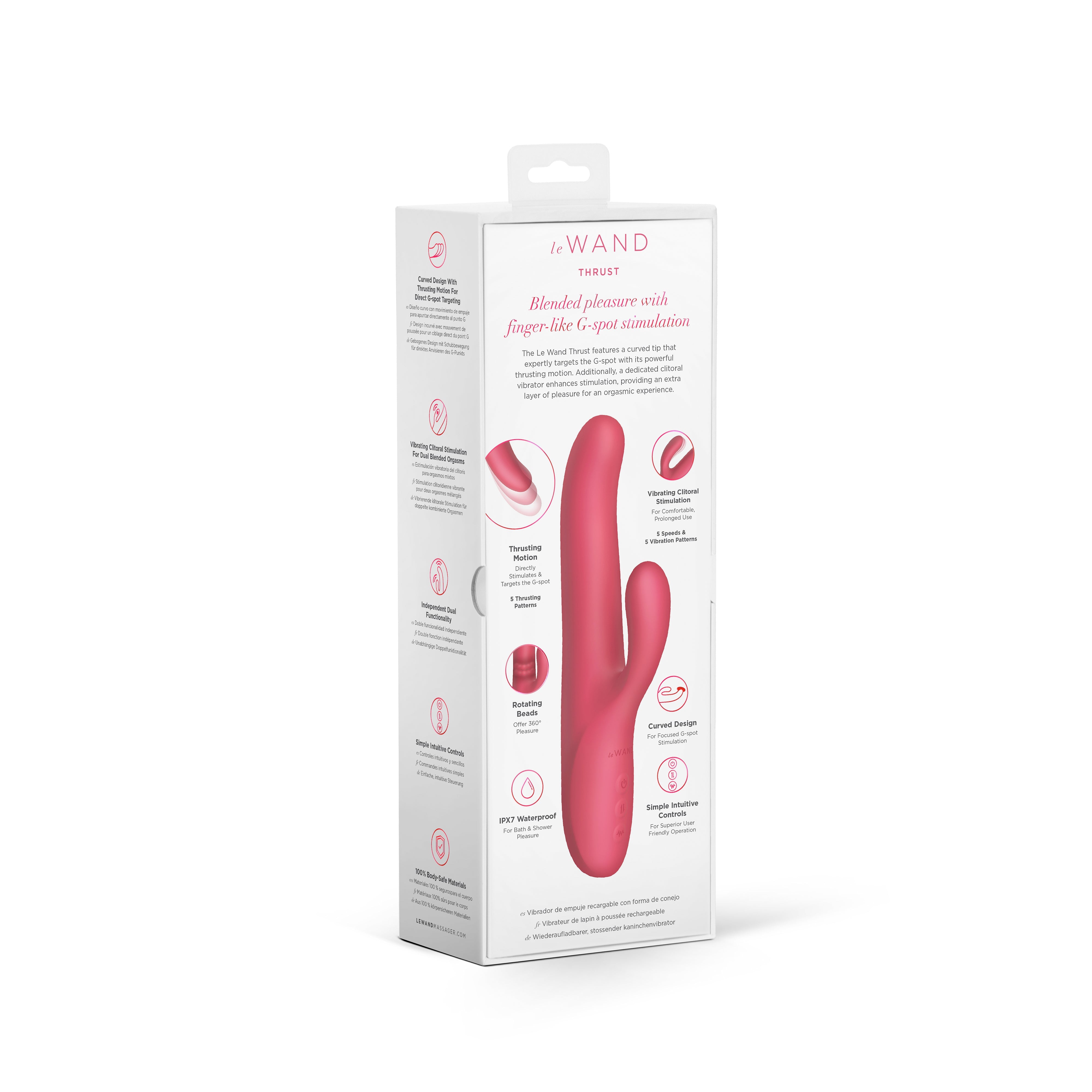 Pink rabbit-shaped vibrator with a curved tip and clitoral stimulator.
