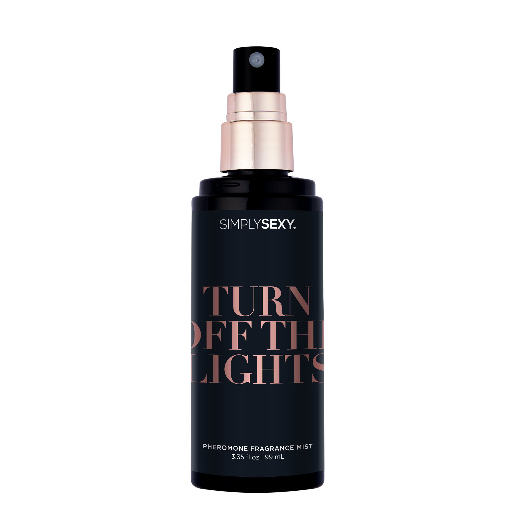 Simply Sexy Turn Off The Lights pheromone body mist in a black bottle with rose gold accents.