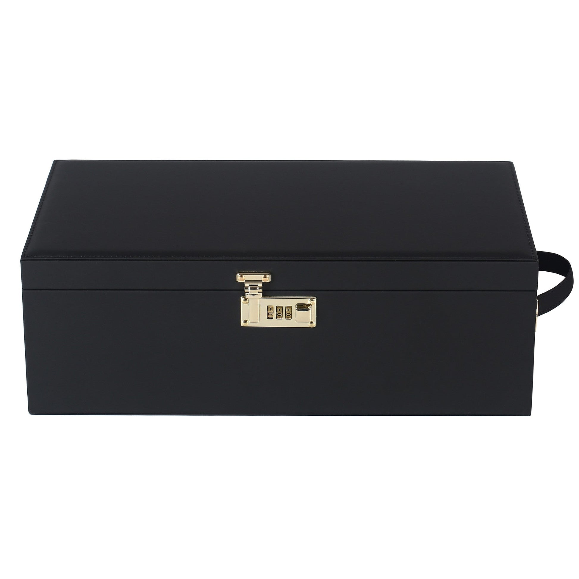 Black faux leather storage case with a gold combination lock and handle.