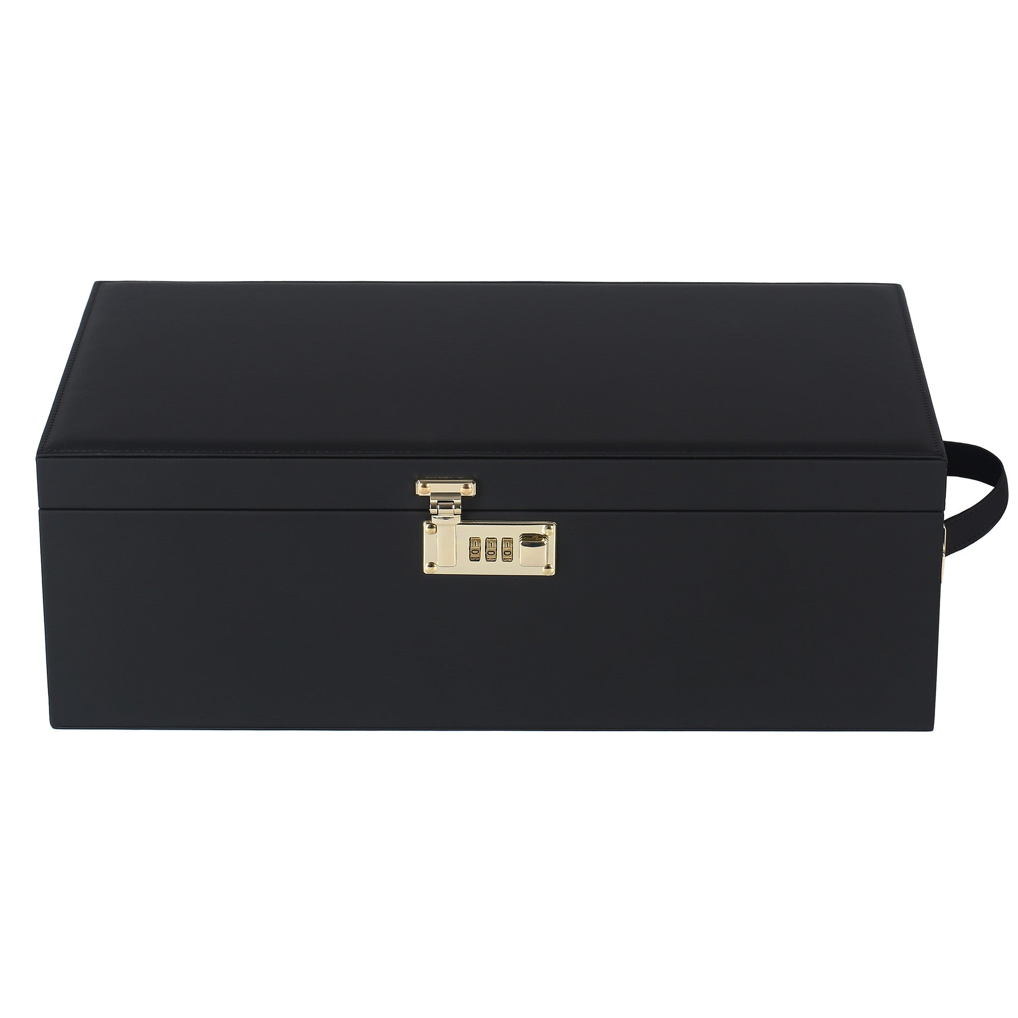 Black faux leather storage case with a gold combination lock and handle.