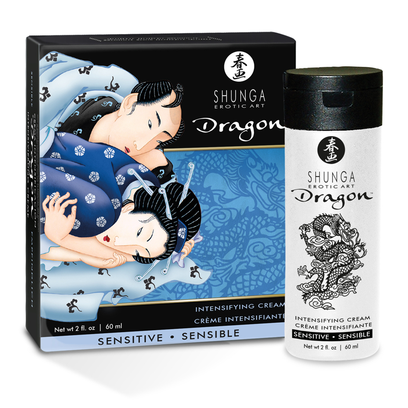 Shunga Dragon Sensitive Virility Cream box and bottle with dragon art.