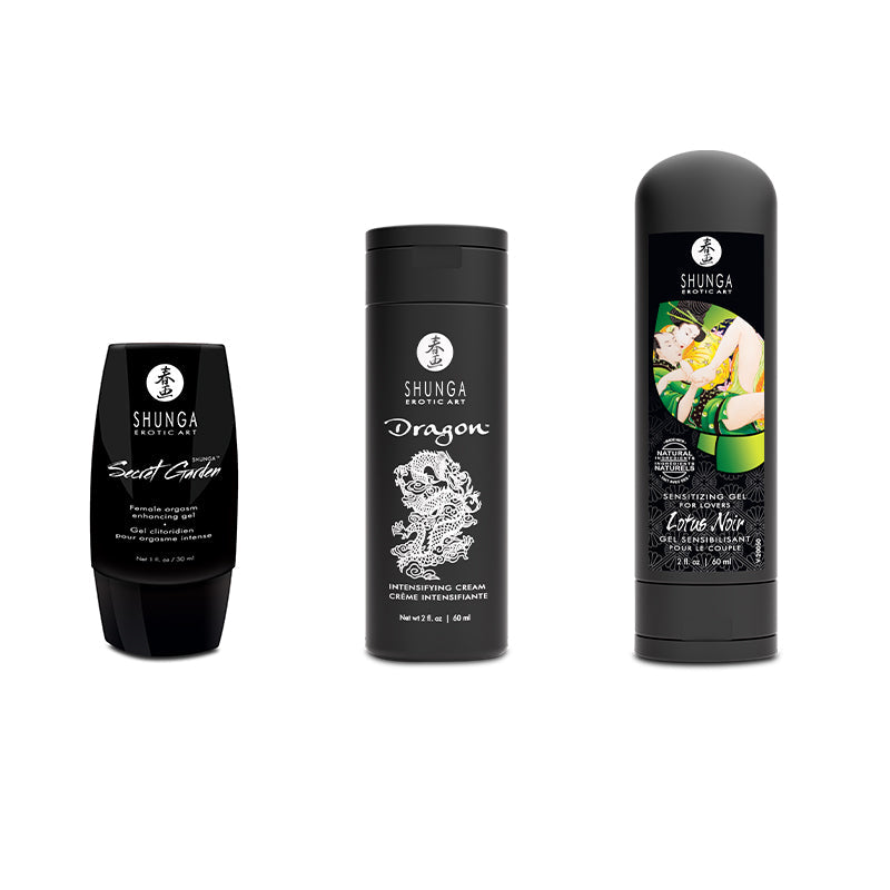 Three Shunga erotic art products: Secret Garden, Dragon, and Lotus Noir.