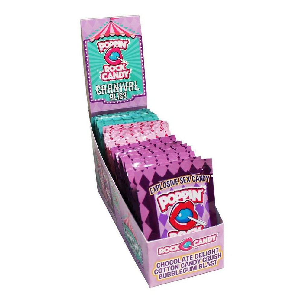 Display box of Poppin Rock Candy oral sex crystals in various flavors.