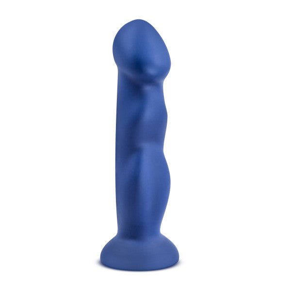 Blue dual-density silicone dildo with curved G-spot tip, 8 inches long.