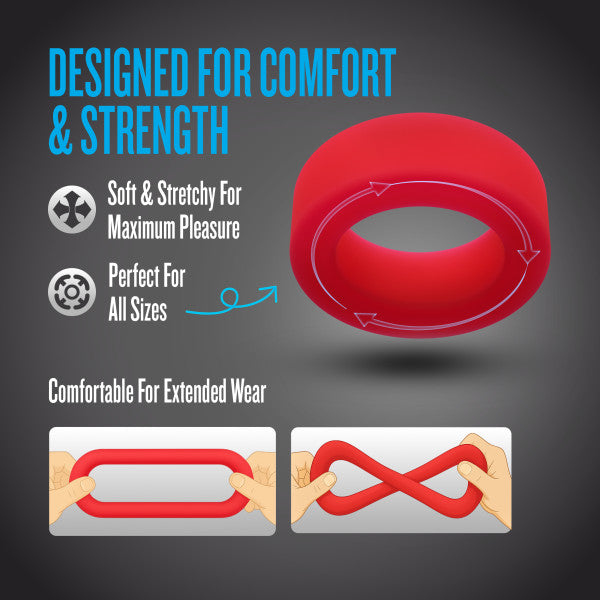 Red silicone cock ring with text about comfort and strength.