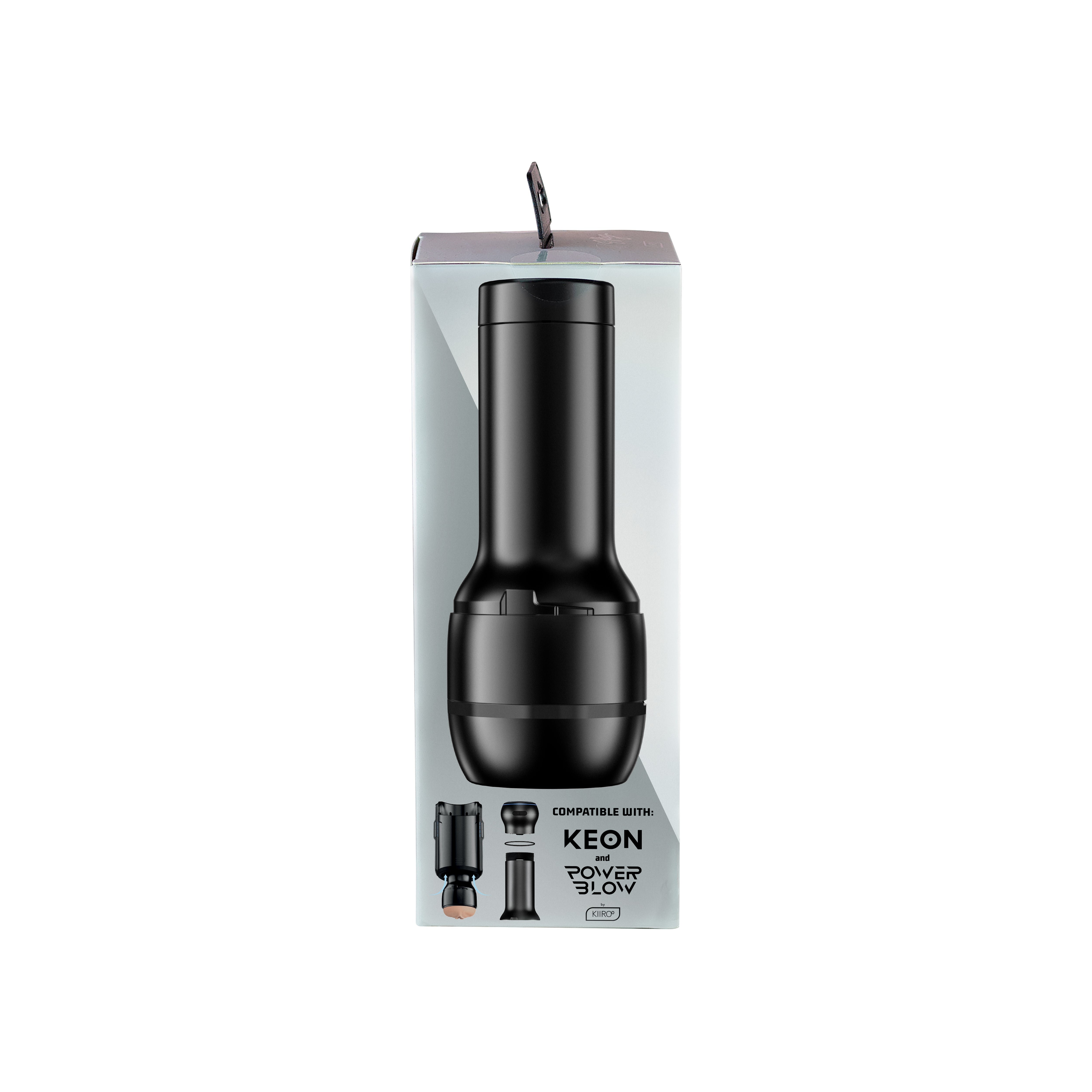 Black masturbator sleeve packaging with "KEON and POWER BLOW" text.