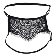 Black lace blindfold with adjustable straps.