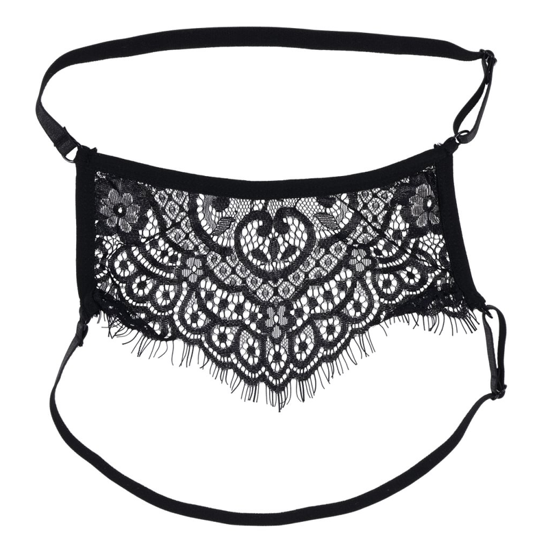 Black lace blindfold with adjustable straps.