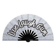 Silver satin folding hand fan with "Live Laugh Cum" text.