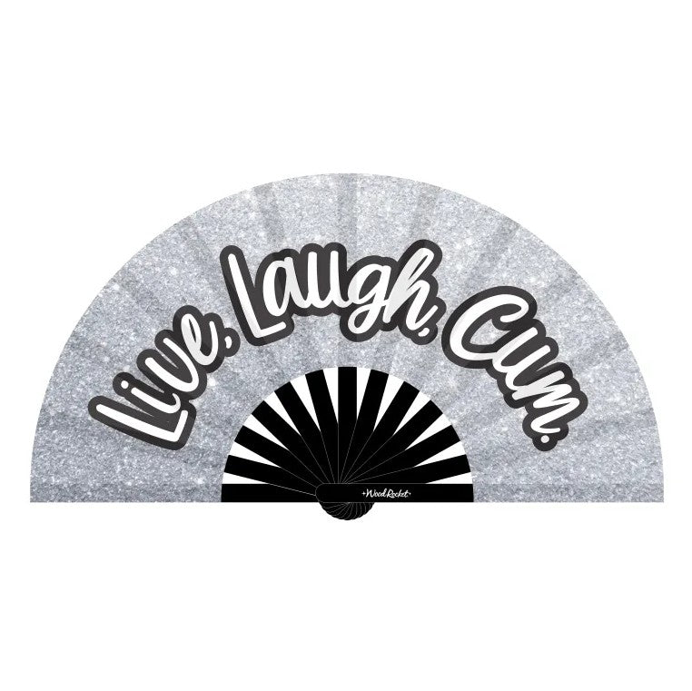 Silver satin folding hand fan with "Live Laugh Cum" text.