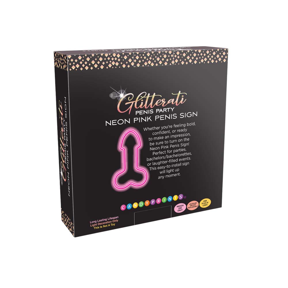 Neon pink penis shaped light up sign with sequin backdrop.