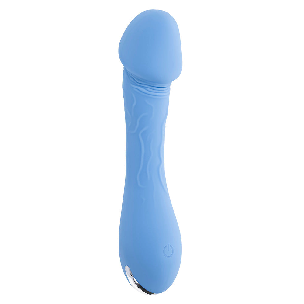 A blue silicone vibrator with a curved head and textured shaft.