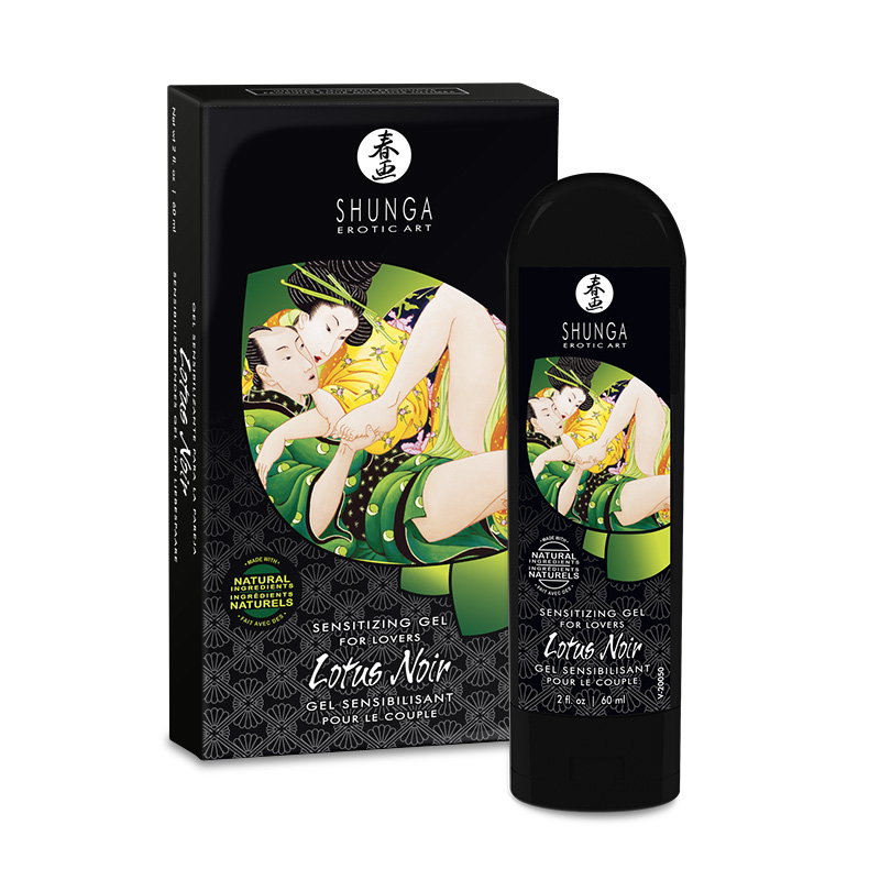 Shunga Lotus Noir Sensitizing Gel for lovers in a black bottle and box.