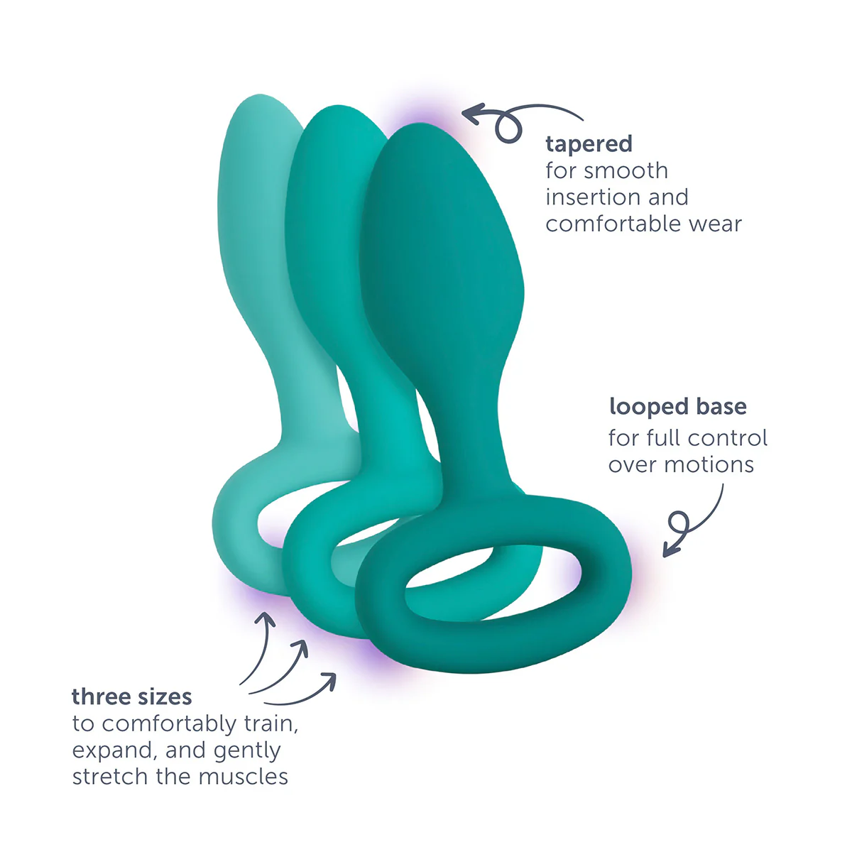 Three teal anal trainer plugs of increasing size with tapered tips and looped bases.