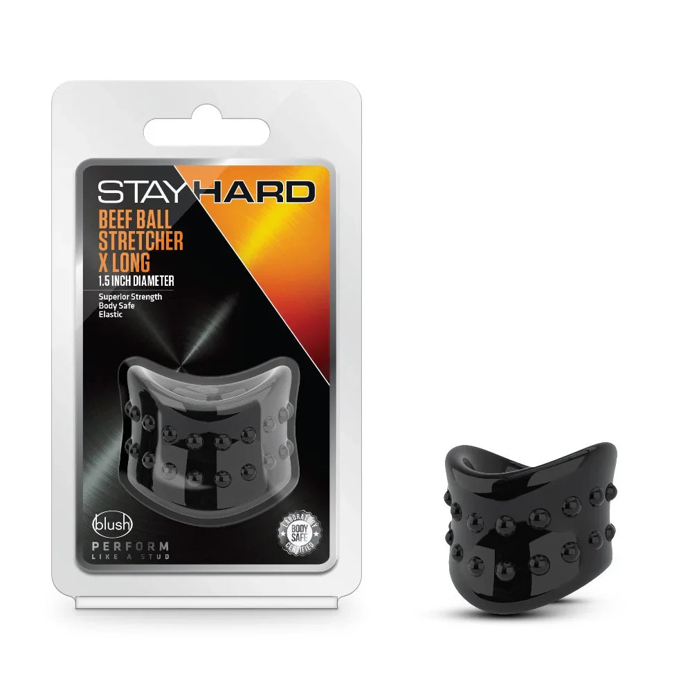 Black, extra long ball stretcher with raised dots, shown in packaging and alone.