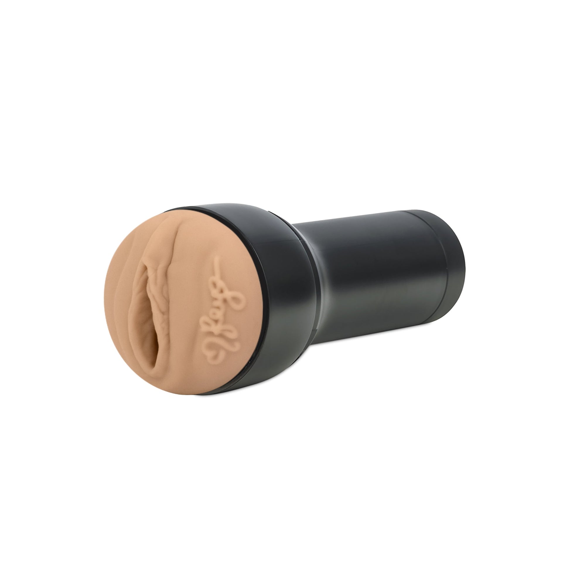 Realistic TPE masturbator sleeve with a textured opening and black casing.