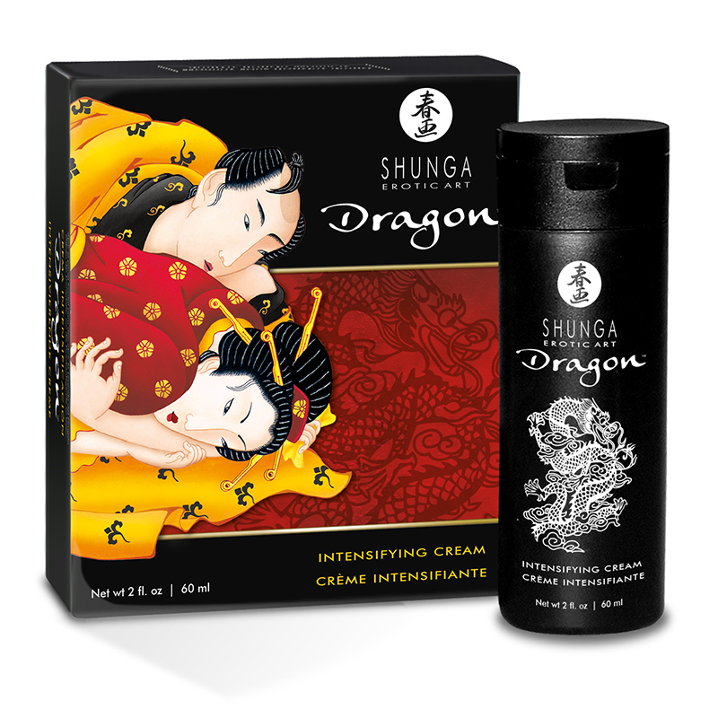 Shunga Dragon intensifying cream in a black tube and box with erotic art.