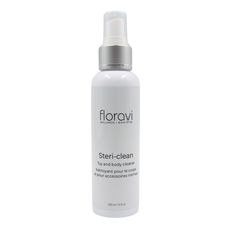 Floravi Steri-Clean toy and body cleaner in a white spray bottle.