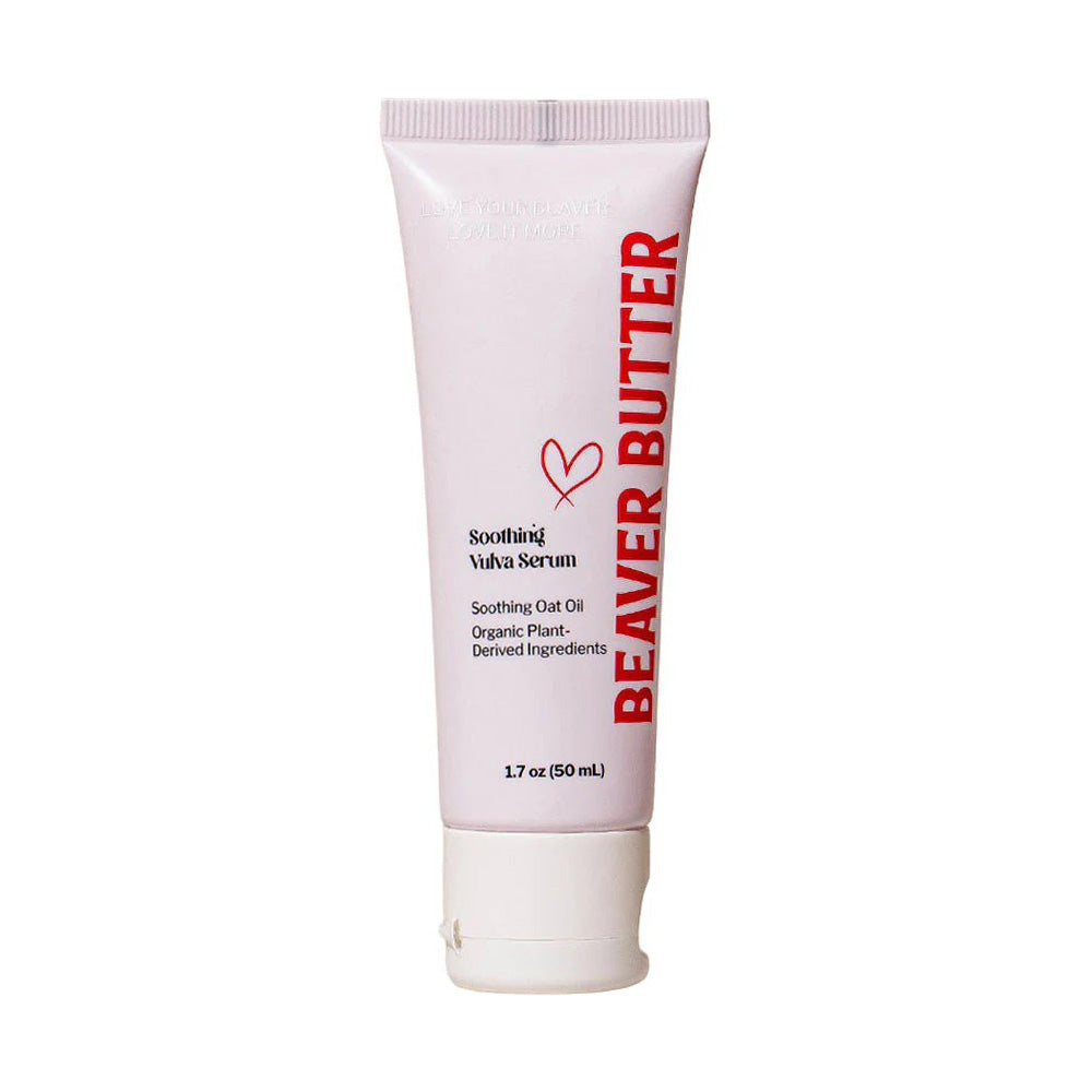 A pink tube of Beaver Butter Soothing Vulva Serum with oat oil.