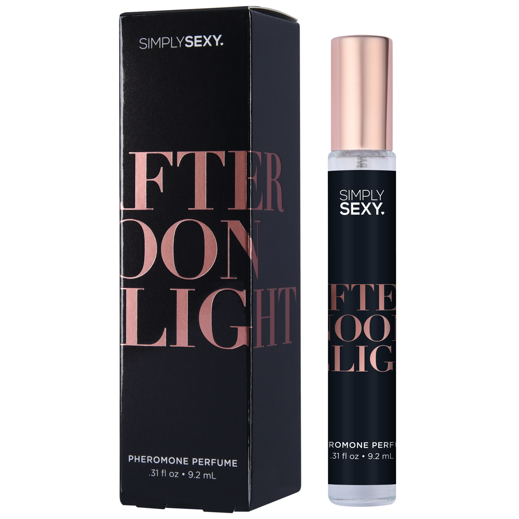 Simply Sexy Afternoon Delight pheromone perfume spray in a black box and bottle.