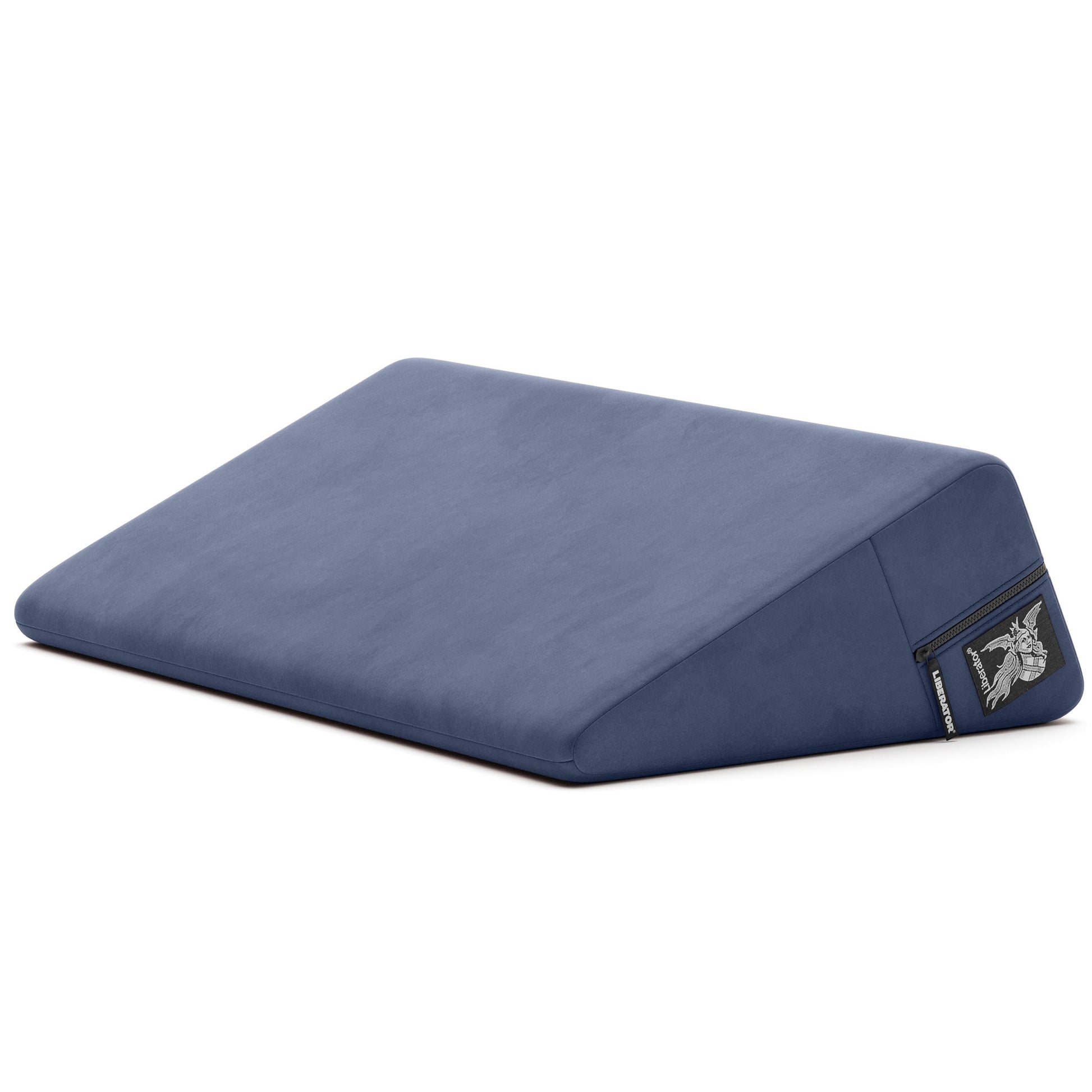 Blue velvet wedge positioning pillow with a zipper and brand logo.