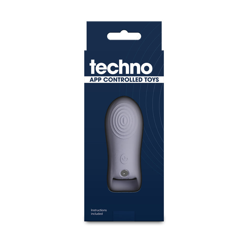 Gray app-controlled rechargeable finger vibrator in packaging.