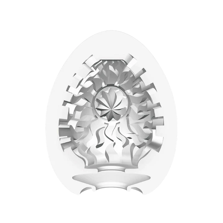 Shiny male masturbator egg with ribbed texture.