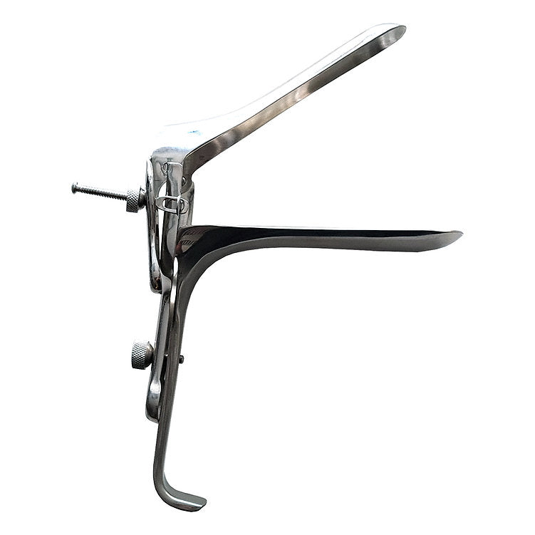 Stainless steel vaginal speculum with a locking screw.