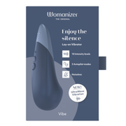 Dark blue Womanizer Vibe clitoral vibrator with 10 intensity levels and 3 autopilot modes.