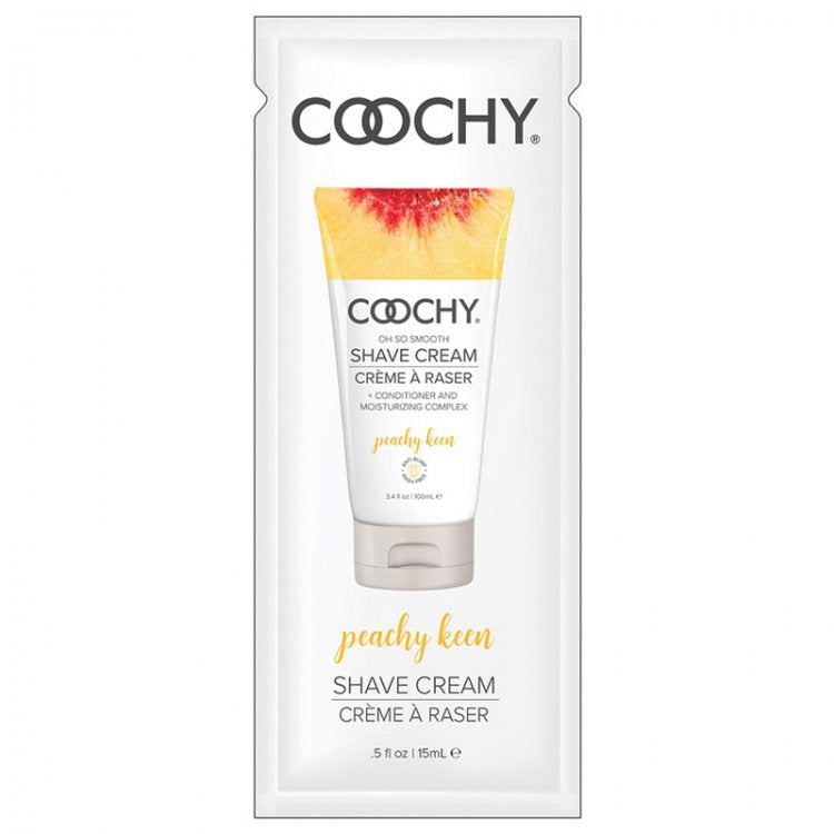 Coochy Peachy Keen shave cream sample packet with peach imagery.