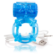Blue rechargeable vibrating cock ring with USB charging cable.