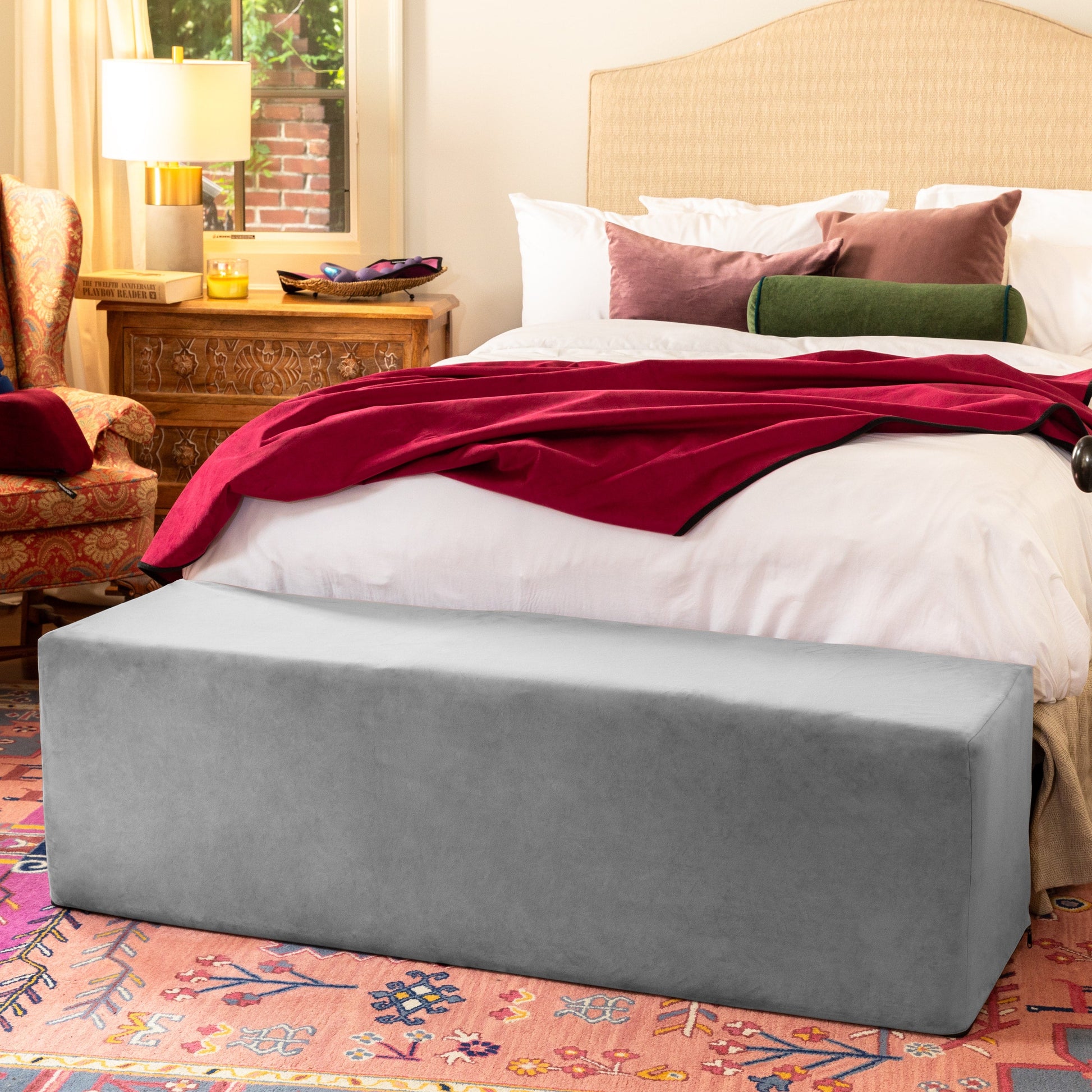 Grey velvet convertible sex chair and bed bench.