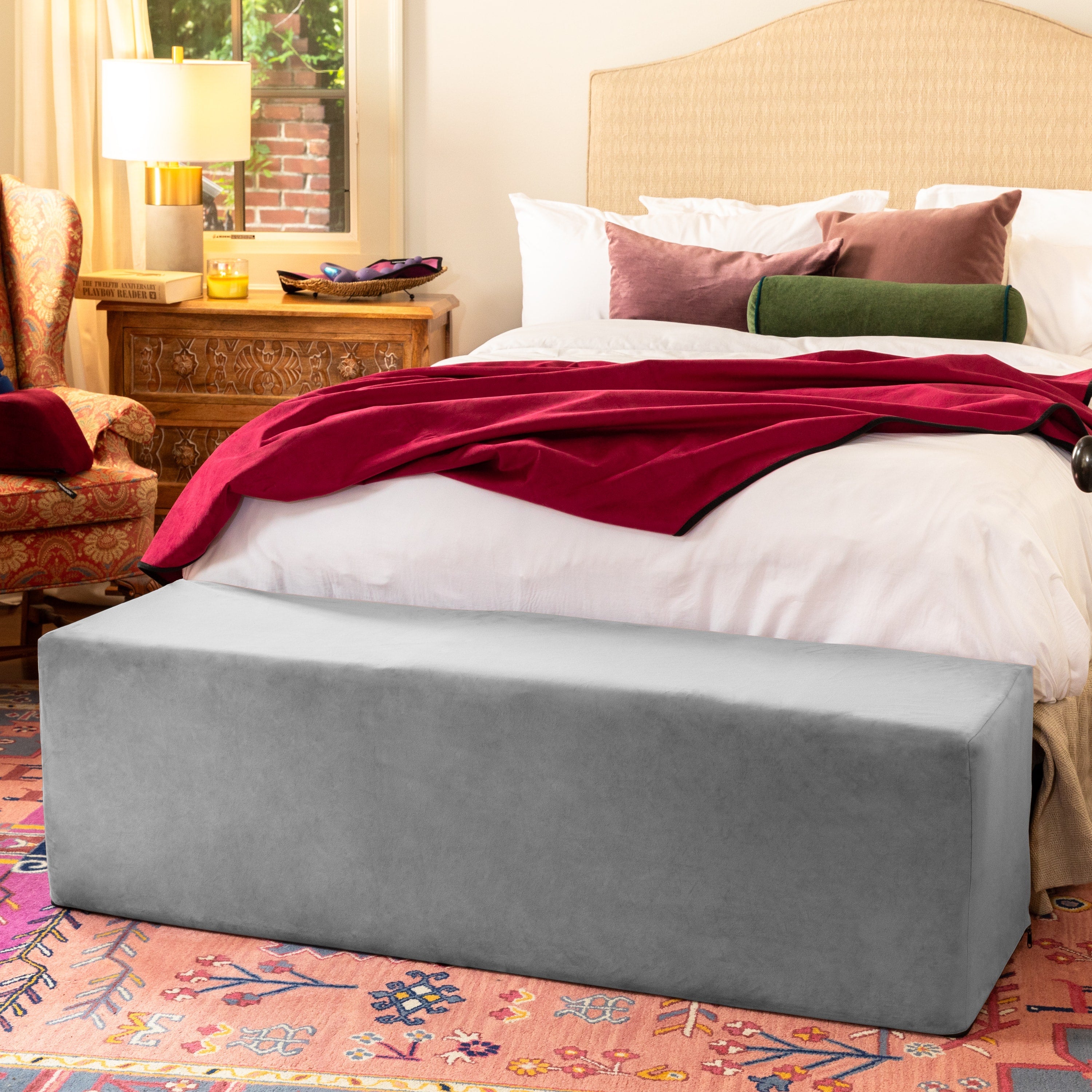 Grey velvet convertible sex chair and bed bench.