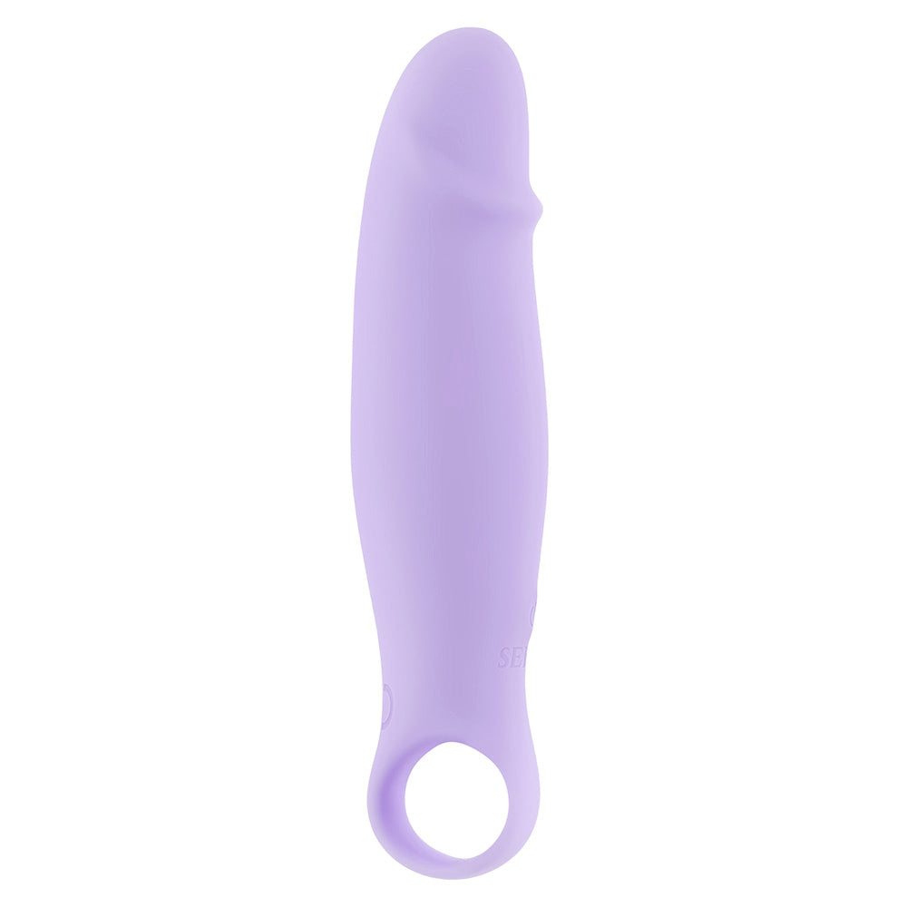 A purple silicone vibrator with a tapered tip and a ringed handle.