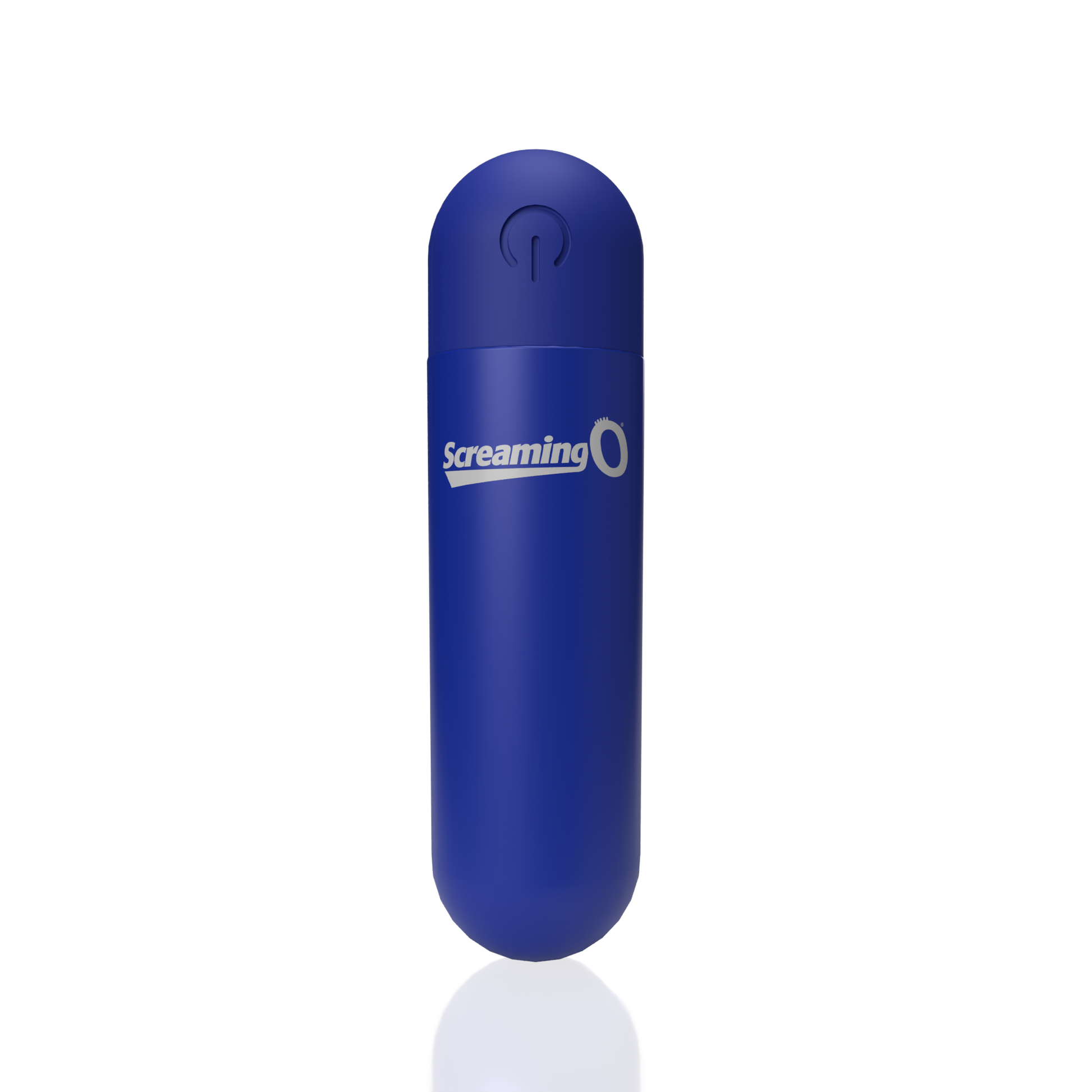 Blue rechargeable bullet vibrator with power symbol and Screaming O logo.