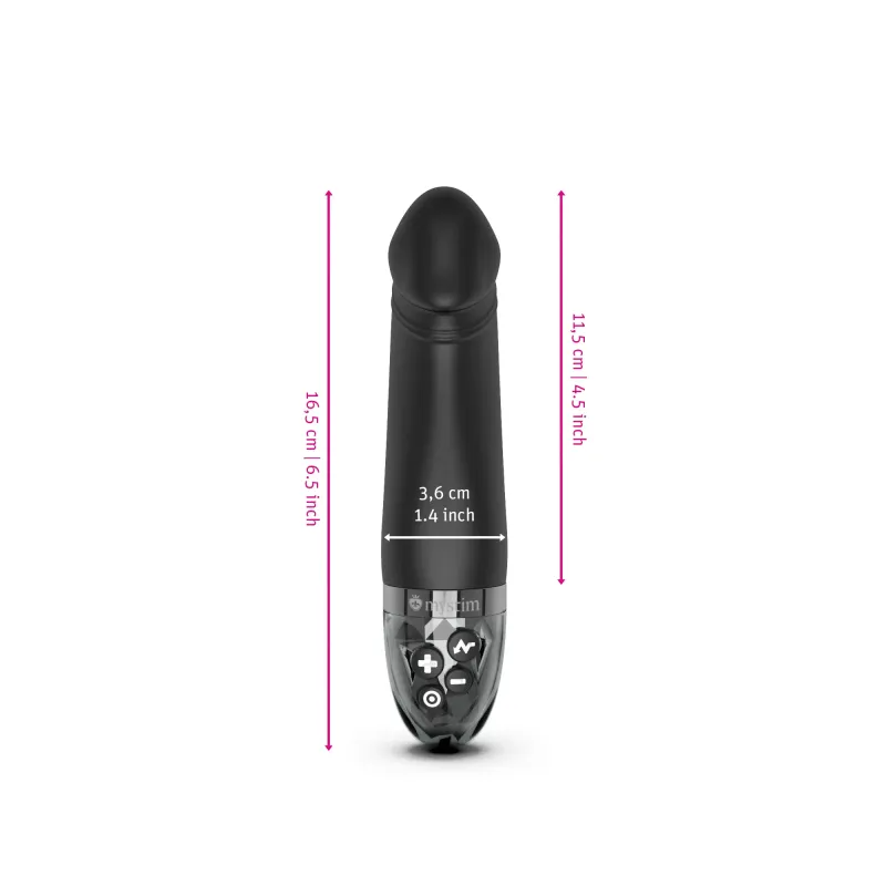 Black vibrator with dimensions indicated.
