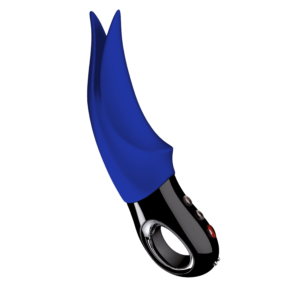Sapphire blue clitoral vibrator with a loop handle.