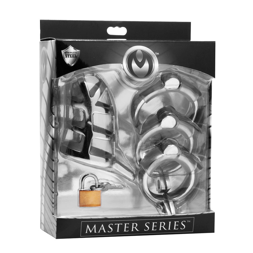 Stainless steel chastity cage with three sizing rings and a small padlock.
