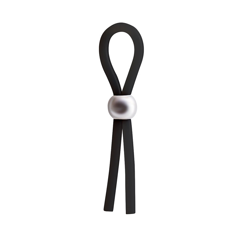 Adjustable black silicone lasso cock ring with a silver bead.